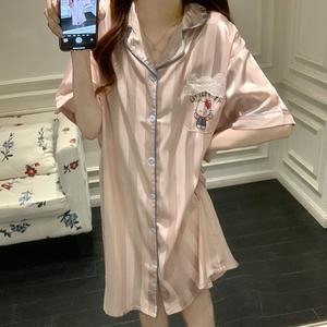 Baju Tidur Musim Panas Jacquard, untuk Wanita, Bahan Sutera Ais, Lengan Pendek, Kolar Selendang Berbutang Bawah, Ultra-Bernafas, Ringan, Penutup Seperti Sutera, Elegan dan Mudah