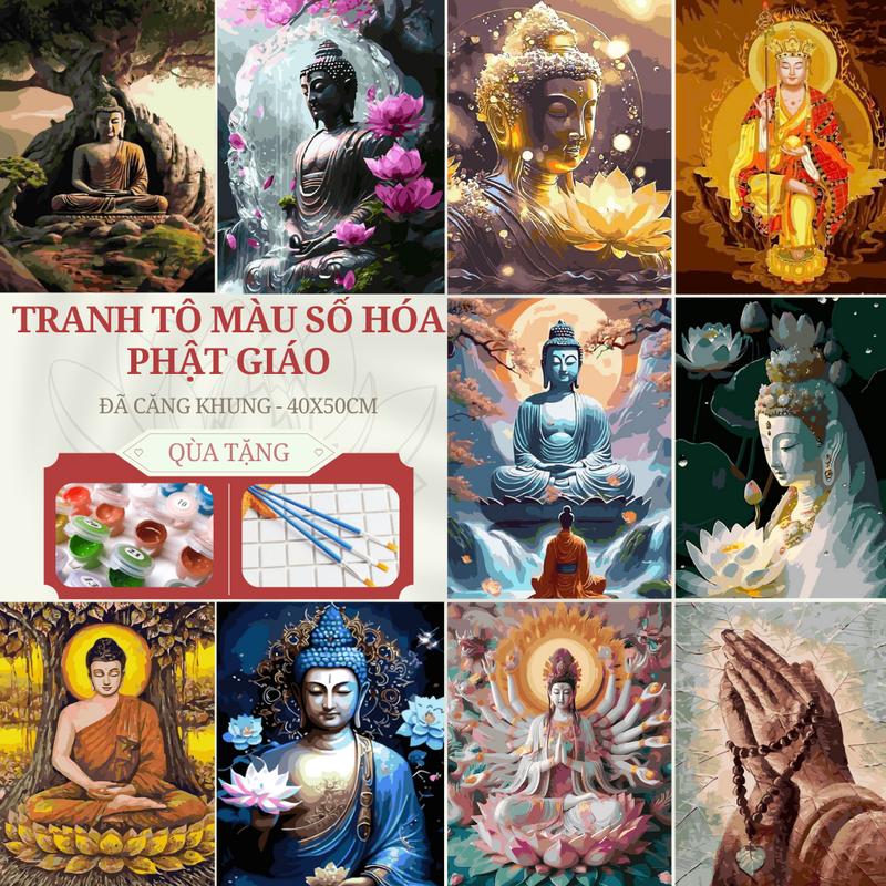 Tranh Tô Màu số hóa Phật Giáo 40x50cm đã căng khung - Tặng Kèm Màu Vẽ Tranh và Cọ Vẽ