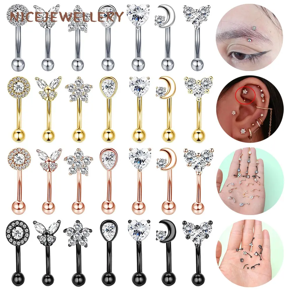 1 PC 16G Rook Ear Piercing Cubic Zircon Eyebrow Ring Stainless Steel Curved Barbell Body Piercing