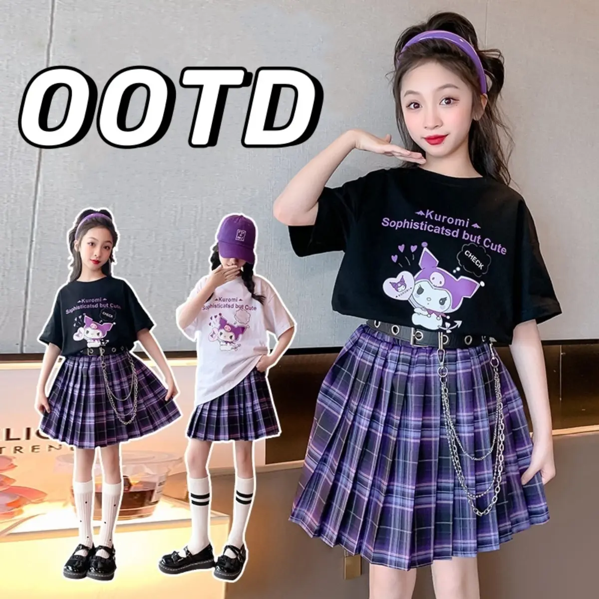 SIEOW New 2pcs terno Sets For Kids girls Short Sleeve Top And Skirt Jk Uniform Fashion Cute Sweet girl Soft Pleated Skirt T-shirt and JK Skirt 7-16Yrs