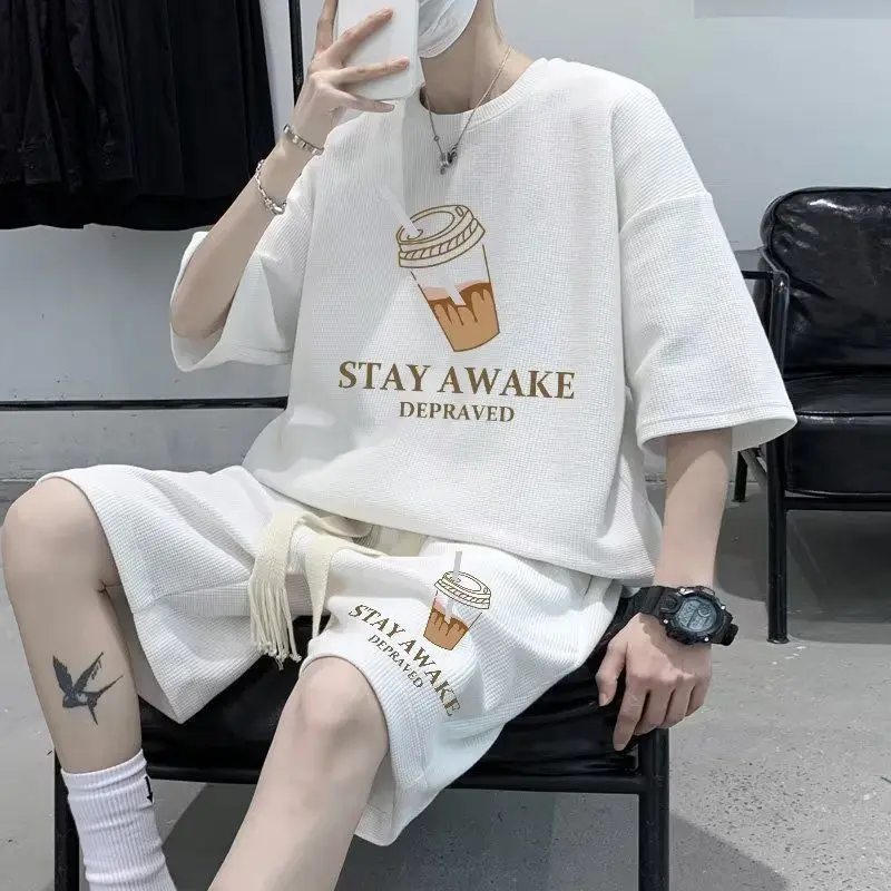 Bộ Áo Phông ngắn Tay Và Quần Đùi Thường Ngày Cho Nam, Phong Cách Mùa Hè, Ngoại Cỡ, Thiết Kế Bánh Quế Hợp Xu hướng Thích Hợp Cho Giới Trẻ