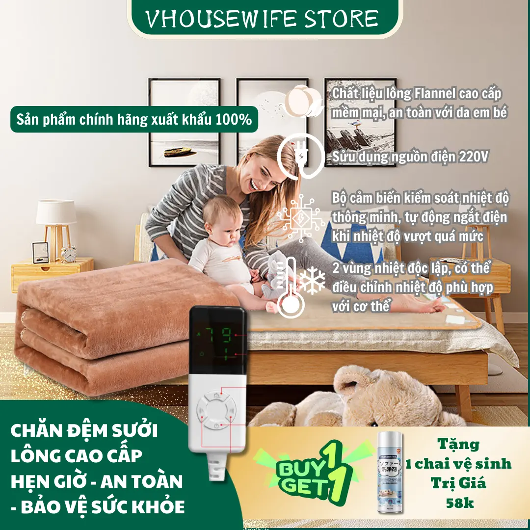 Đệm Sưởi Điện Lông Flannel Cao Cấp 2 Vùng Nhiệt Độc Lập - An Toàn - Bảo Hành 12 Tháng