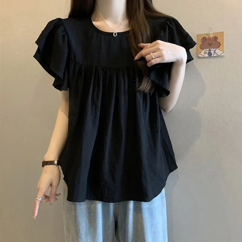 Large size-Fat Girl  Belly Covering Top Women's Large Size French Ruffle Sleeve Shirt Summer Loose Ruffle Temperament Lining