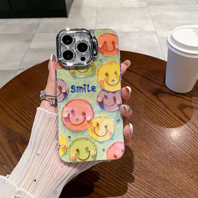 Mẫu mới cho iPhone 15Pro Max 14Plus 13Pro 12Pro Max iPhone11, ốp điện thoại Xanh Biển di động, sơn nhẹ, mặt cười đầy màu sắc dễ thương, khung lỗ mịn, vỏ bảo vệ chống va đập, vỏ IMD chống trượt 3