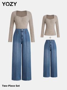 YOZY Women's Tee & Wide Leg Jeans, Ladies Two-Piece Outfits for Daily Wear