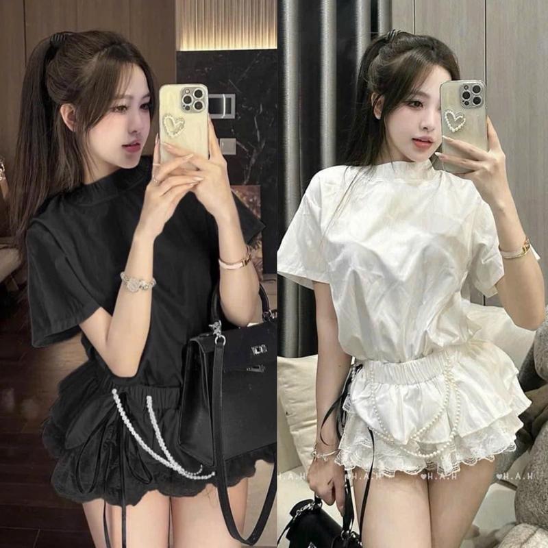 BIGSIZE HIẾU HIẾU 55-95KG - Set bộ nữ hot Áo trơn tay ngắn + Chân váy nhún phối viền ren