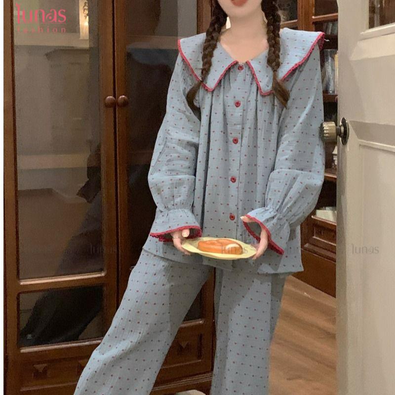 Bộ Đồ Ngủ Nữ Phong Cách Hàn Quốc Bộ Sưu Tập Mùa Xuân Và Mùa Thu Thiết Kế Ngọt Ngào Ve Áo Lớn Họa Tiết Chấm Bi Và Đám Mây Làm Bằng Bông Quần Dài Tay Thích Hợp Mặc Nhà Và Mặc Ngoài Trời Women Cotton Quần Ngủ Top