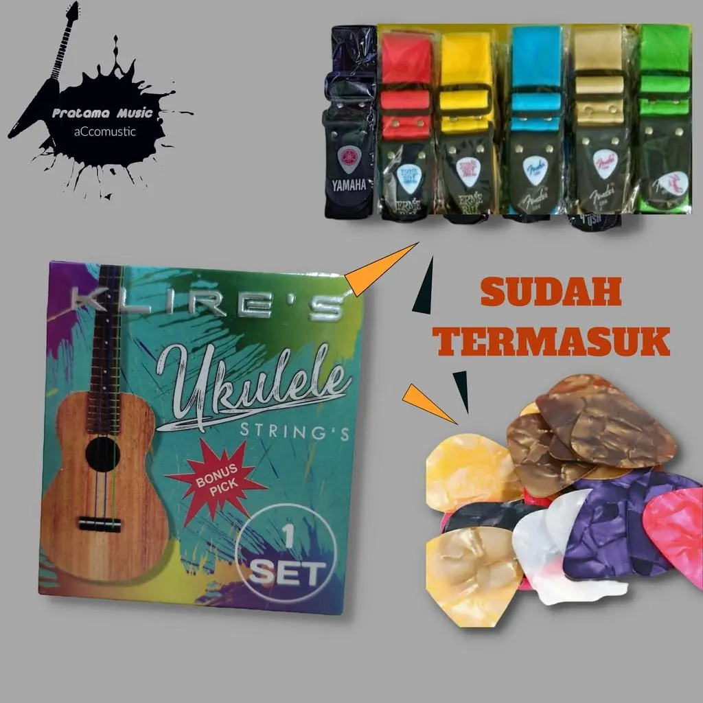 Paket Senar Ukulele , Senar Gitar Ukulele Warna 1 set , Strap Sabuk Gitar + Pick