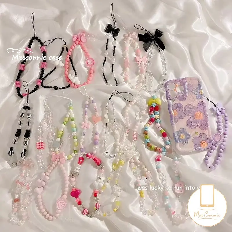 [MissConnie] Fashion Chain Phone Universal Love Heart Bow-knot Cartoon Cute Chain Phone Rope Strap Kpop Accessories Diverse Chain Beaded Bracelet Keychains Decoration Lanyard