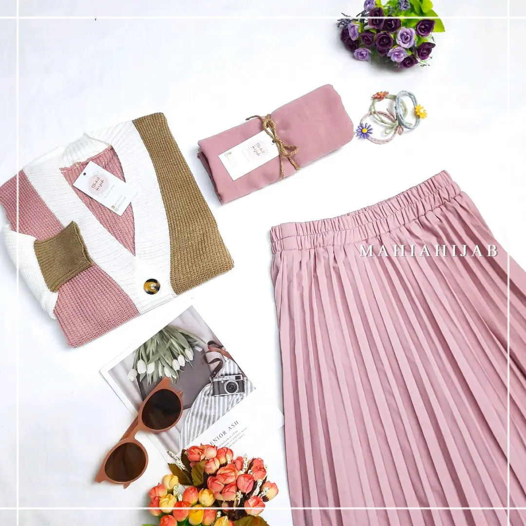 3in1 Yoona Set (Cardigan 3tone + Rok Plisket + hijab) outfit oneset koreanstyle by mahiahijab