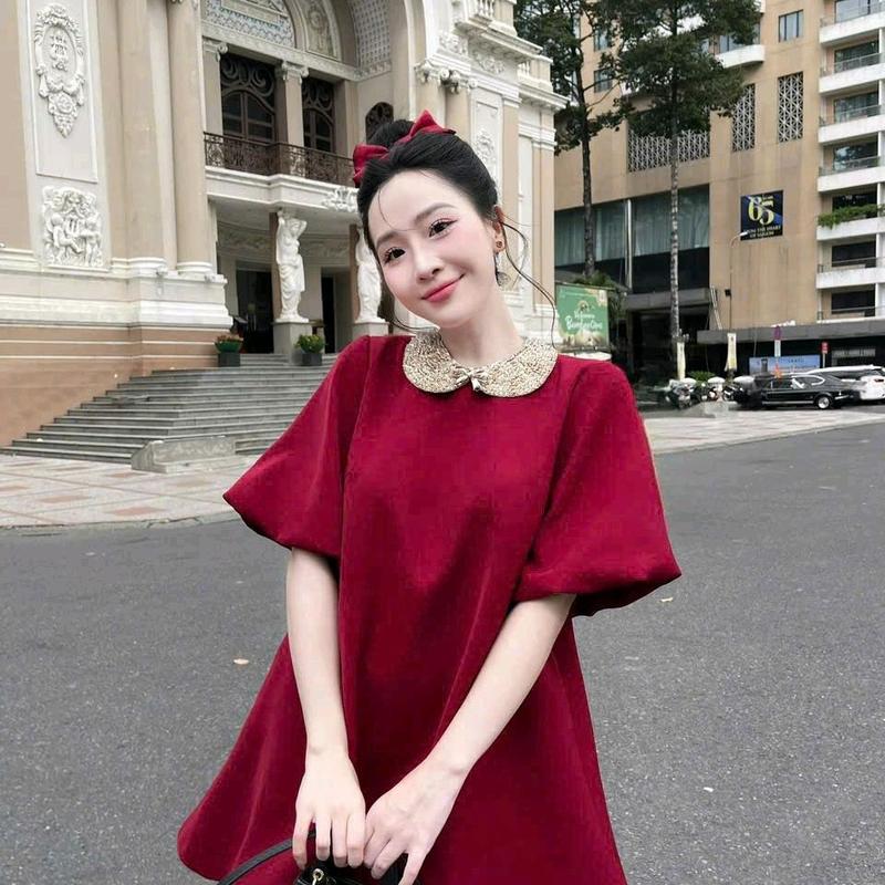 Đầm Babydoll Mango Tay Búp , Cổ Đính Cườm , Thanh Lịch Sang Trọng Dễ Thương Thời Trang Cao Cấp Quý Phái .Bầu Bí Bon Chen Được Thoải Mái Dress Voan Kim Tuyến 2