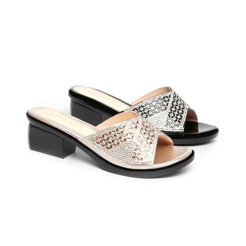 Dép Nữ Đế PU Đen Siêu Nhẹ Cao 5cm Hanatabi Quai Ngang Đính Đá Bigsize (35-42) Mã HNDE5F1110 9