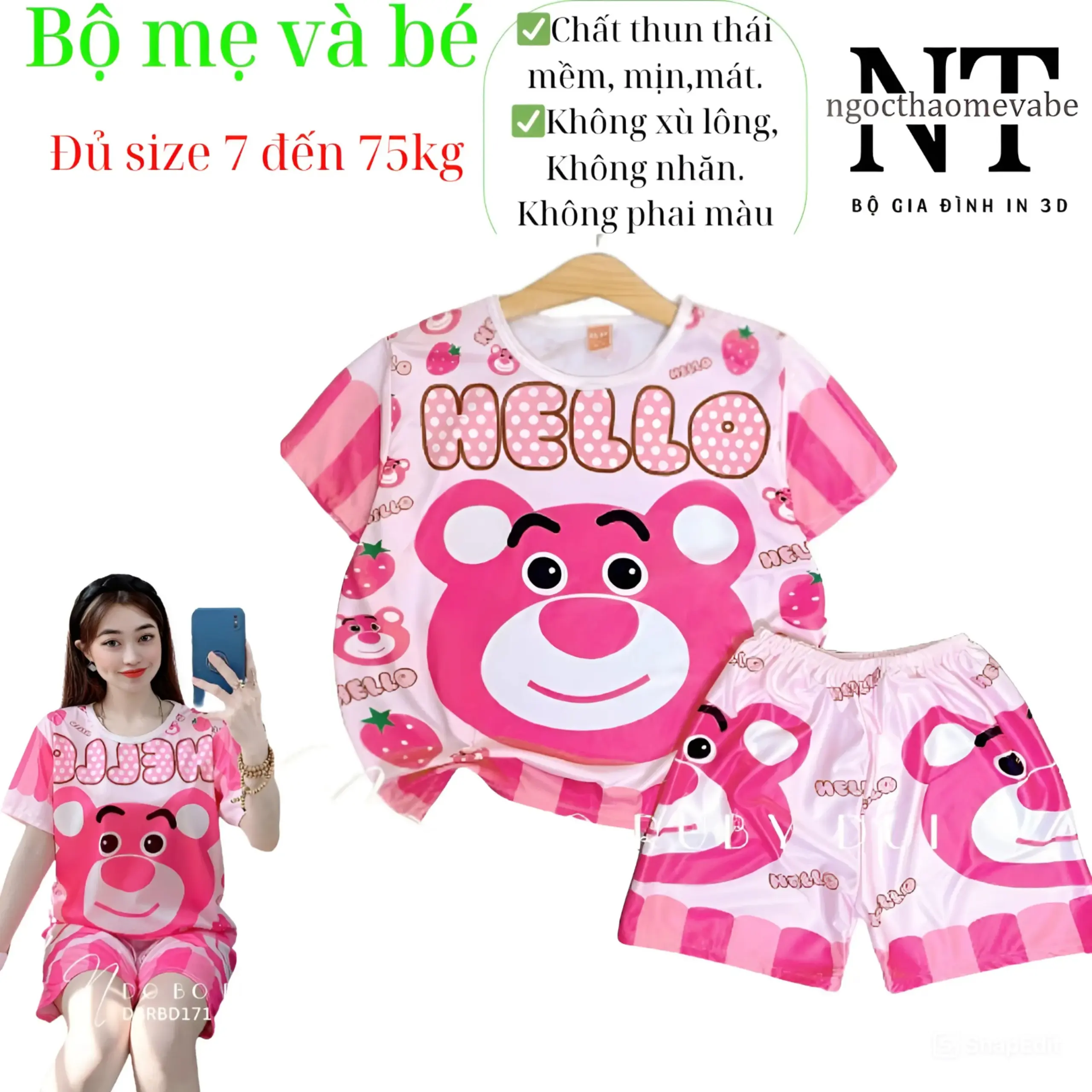 Đồ bộ thun phù hợp mặc cặp cho mẹ và bé mẫu gấu dâu áo cộc tay quần đùi chất thun thái mềm, mịn, mát, k nhăn, k xù lông , k bong tróc hình in, mặc nhóm,  cho bé gái Top Nữ Women Cổ Tròn Jacket