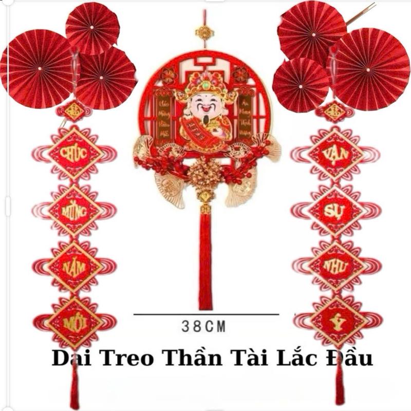 (combo )dải treo thần tài lắc đầu 38cm và đôi Khánh nhung cát tường phú quý size lớn 24x113cm ( tặng kèm sét quạt hoa + móc treo +) Trang Trí Nhà