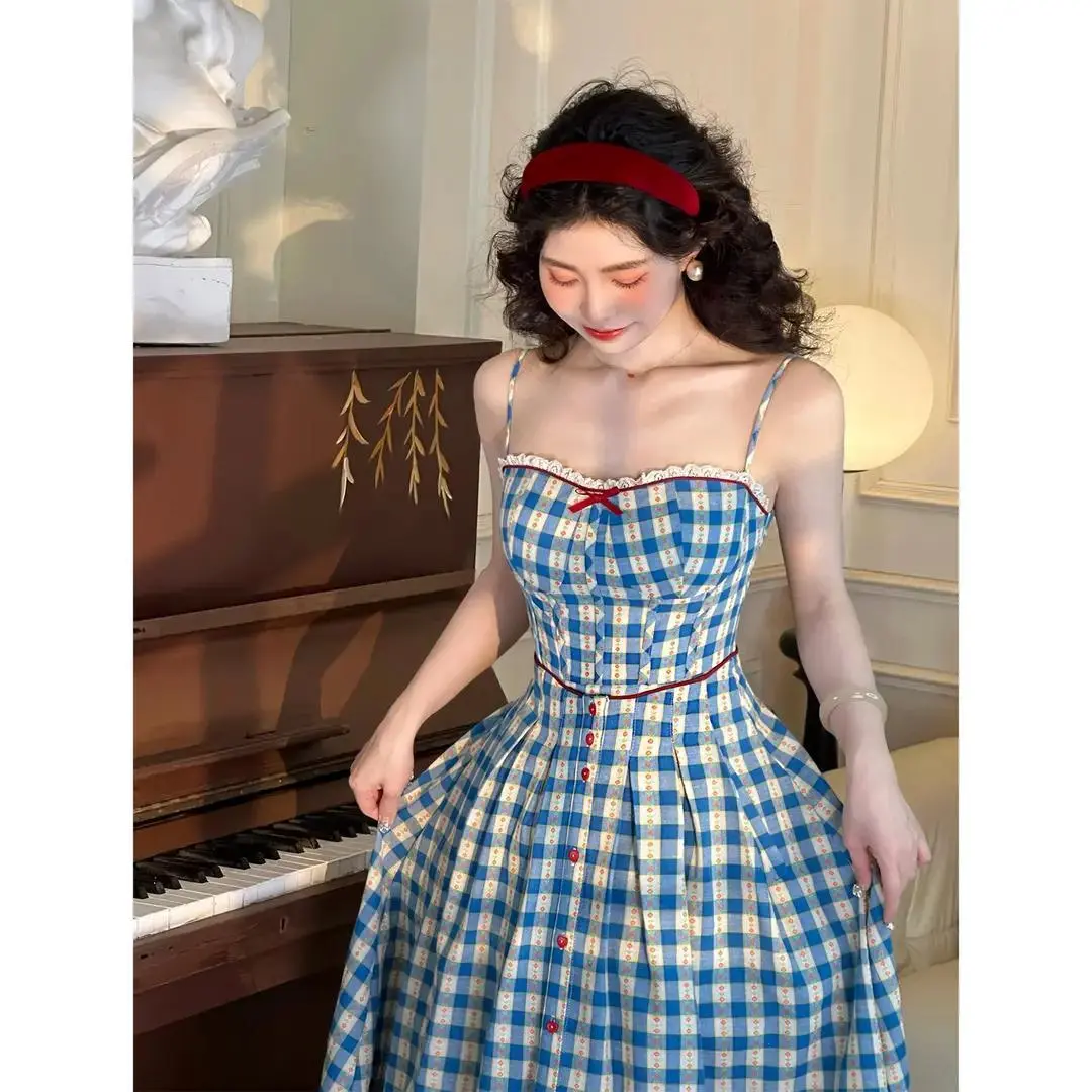 2025 Korean Style French Plaid Patchwork Slim Fit Floral Strap Dress for  Women Summer New Fashion Elegant Long Dress - TikTok Shop Philippines