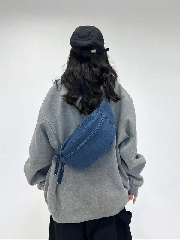 Women's Solid Color Denim Fanny Pack, Fashionable Large Capacity Sling Bag for Daily Used, Casual Trendy Versatile High-quality Daily Commuting Bag 8