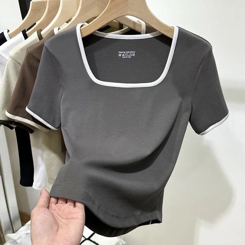 Product Introduction of Large Size Women's Korean-Style U-Collar Shoulder Striped Short-Sleeved T-shirt Women's Summer Fat Sister Versatile Belly Covering Short Top 3