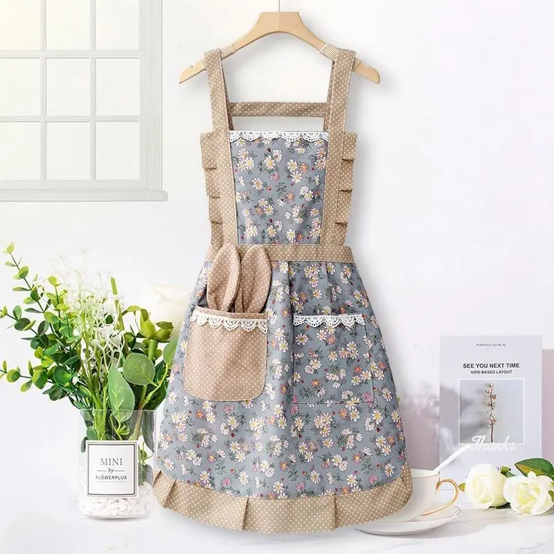 Flower Pattern Apron with Pocket, Waterproof Apron for Women, Kitchen Cooking Products 6