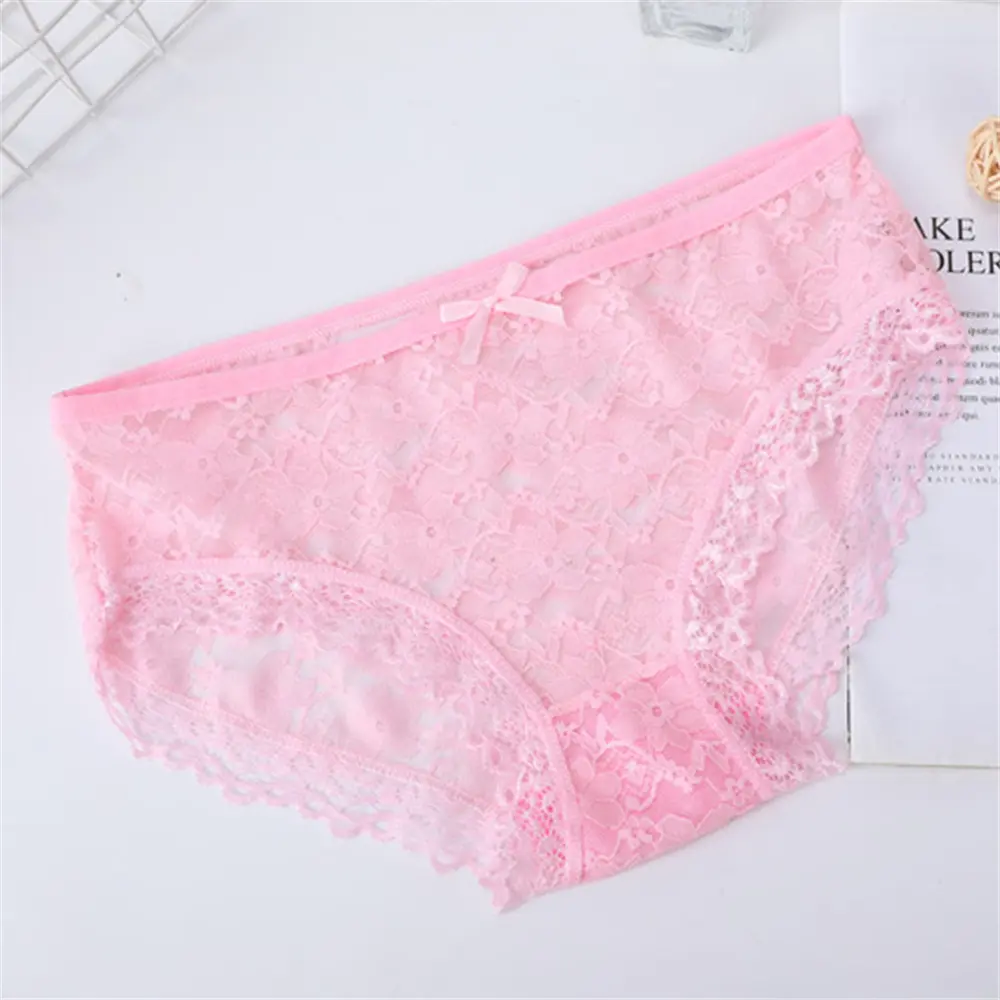 Mesh Breathable Women's Underwear Sexy Translucent Jacquard Bow Hollow Lace Mid-waist Briefs