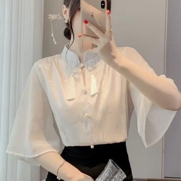 Áo Cánh Phong Cách Trung Quốc Dành Cho Phụ Nữ, Dáng Rộng Vừa Vặn, ngắn Tay Áo, Áo Sơ Mi Trắng, Ngoại Cỡ, Thời Trang, Thanh Lịch, Áo Cổ Điển 1
