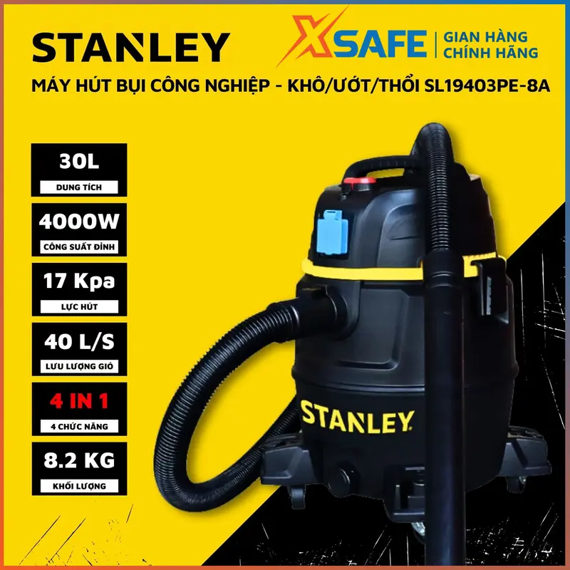 Máy hút bụi 4 chức năng STANLEY lực mạnh 4000W,  bình nhựa 30 lít, dùng hút bụi ướt và khô, chức năng thổi và gắn thêm máy dùng điện 0