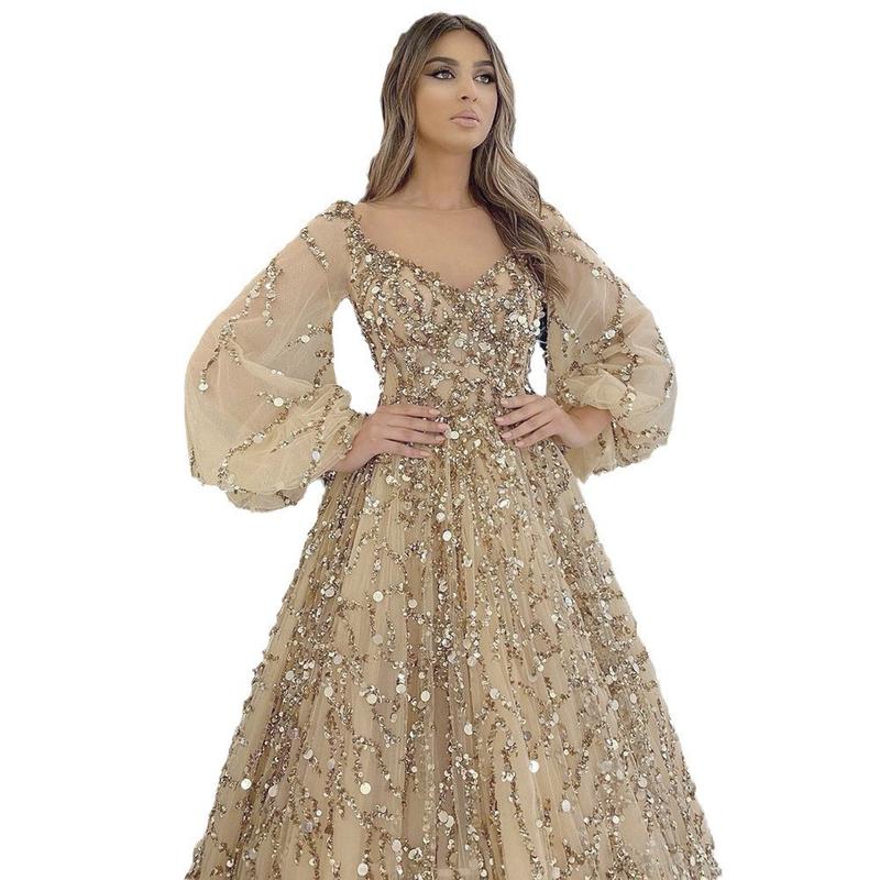 Product Introduction of 2025 new gold heavy industry beads luxury evening dress sexy Cosmopolitan Queen long dress yq7109 7