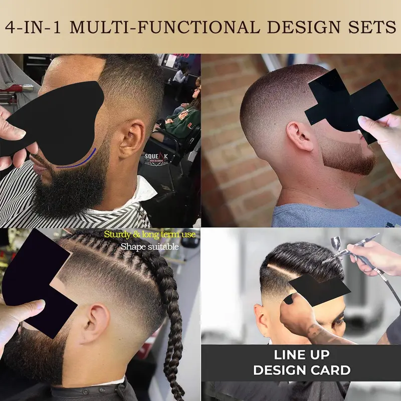 Hair Styling Templates, 4 Counts/set Hairline Design Card, Reusable Beard Shaping Tool, Heatless Styling Tools for Barber Shop Salon, Black 5