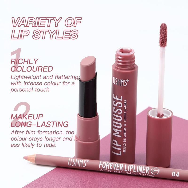Product Introduction of Long Lasting Lip Makeup Set, 3 Counts/set Lipstick & Lip Gloss & Lip Liner, Moisturizing Lip Makeup Kit, Suitable for Daily Makeup, Valentine's Day Gift, Makeup Products 5