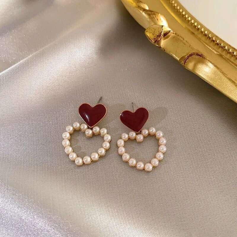 Vintage Dripping Oil Wine Red Retro Stud Earrings For Women Korean Pearl wer Heart Shape Geometric Earring High Sense Jewel 5