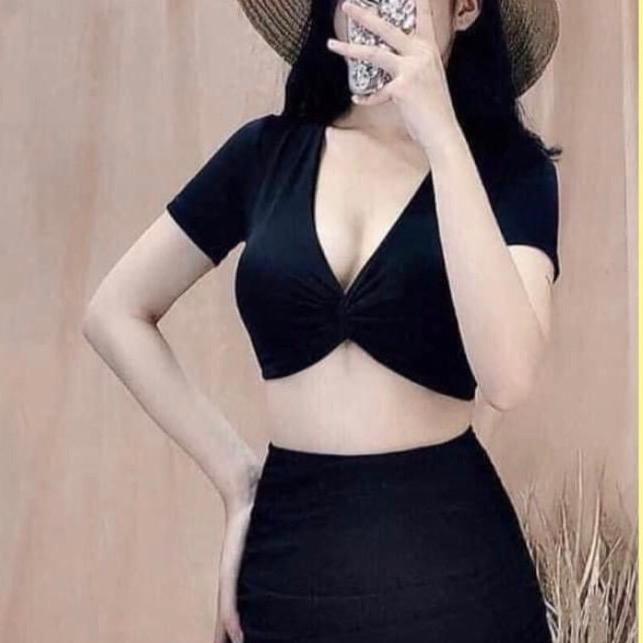 Bikini đồ bơi nữ đi biển tay lửng áo xoắn ngực quần cạp cao nhiều màu size - Thun lạnh Hàn cao cấp