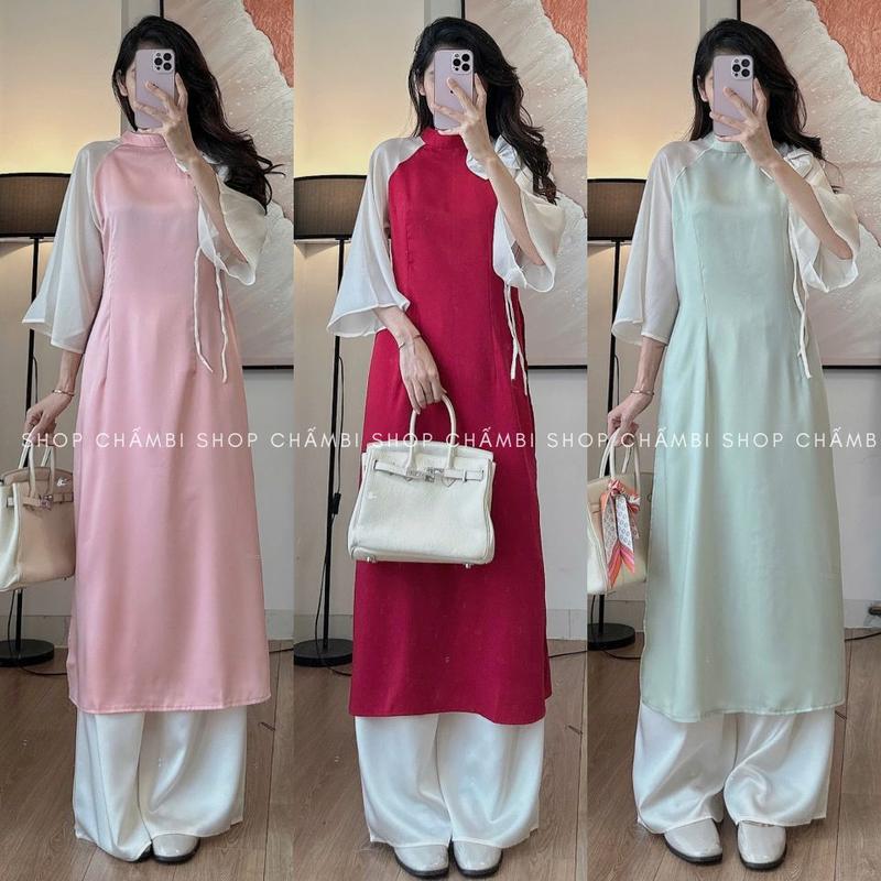 Set Áo dài nữ S.222, Set áo dài cách tân lụa cổ tàu tay lửng dáng suông phối nơ cài dịu dàng - Shop Chấm Bi Women Nhung