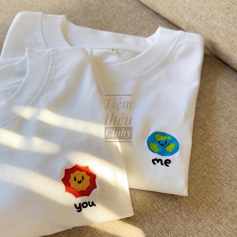Áo đôi Nam Nữ thêu hình mặt trời và trái đất Thun Cotton 5