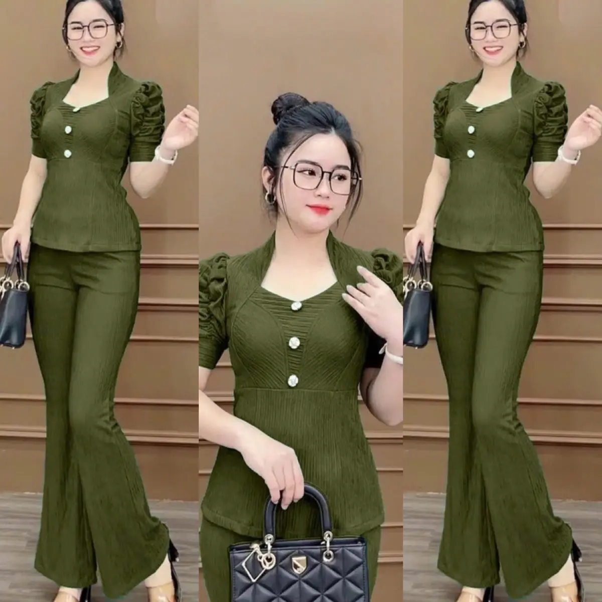 [H14-Ôm-Bass] Sét Bộ Xốp Nhật quần dài Đính 3 Nút Ngực Nữ