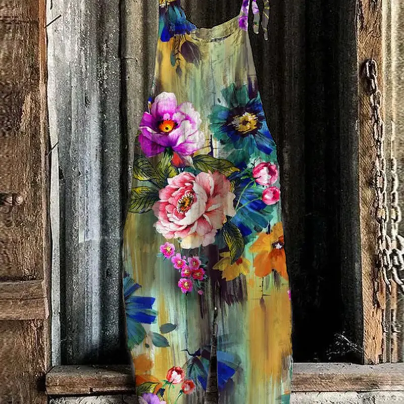 New on New Ladies Sha New Bohemian Loose Retro Romper Sweet Little Fresh 3D Printed Stylish Casual Strap Romper for Summer fleabag  jumpsuit