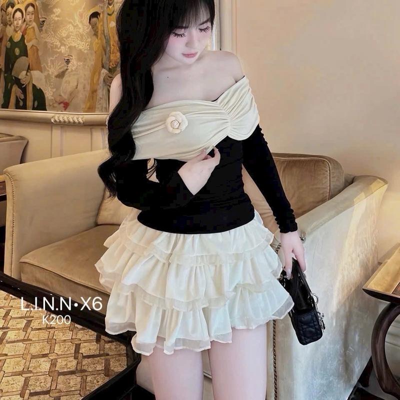 Sét Áo Trễ Vai Thun Nhũ Kèm Hoa Mix Chân Váy Thô Phối Tơ 3 Tầng ( Chân Váy Có Lót Cạp Chun ) 7