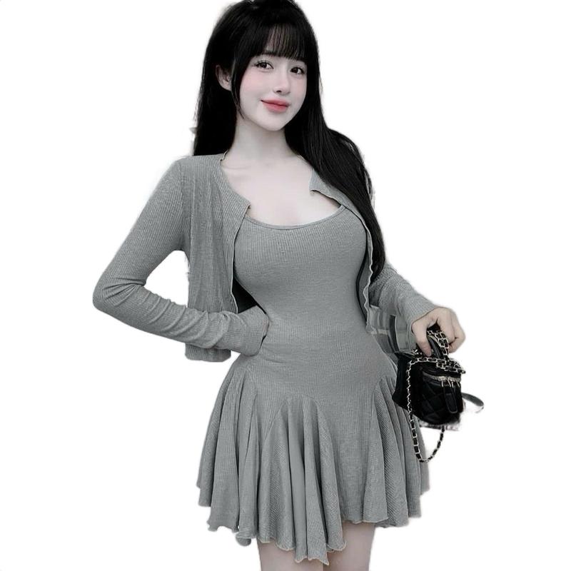 L6- sét đầm 2 dây thun gân dáng xòe, kèm áo khoác tay dài (36-55kg) Dress 2