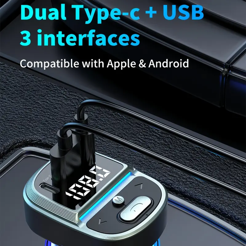 Car MP3 Player FM Transmitter, Dual USB Fast Charging Type-C USB One-click Free Hands-free Call Wireless Car Charger Audio Receiver 2