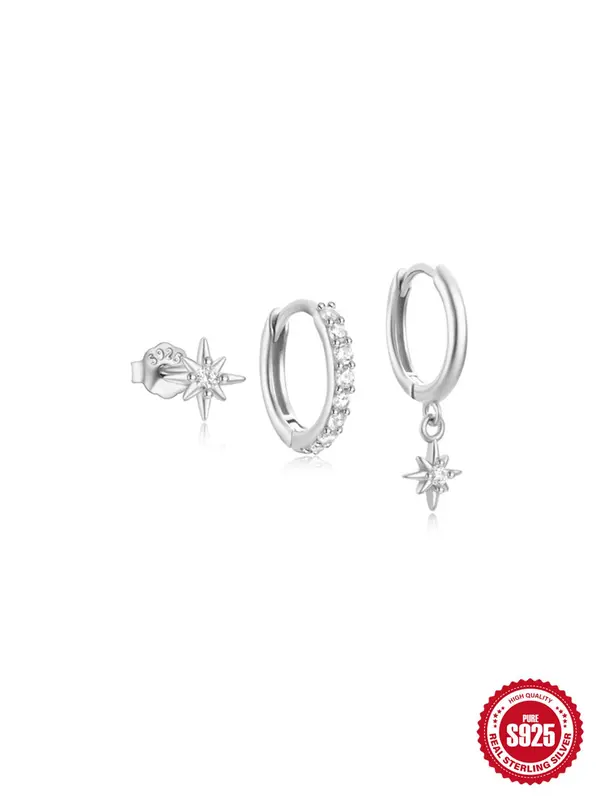925 Sterling Silver Star Design Hoop Earrings & Stud Earrings, Fashionable Earrings for Women & Girls, Trendy All-match & Exquisite Jewelry for Birthday Gift 7