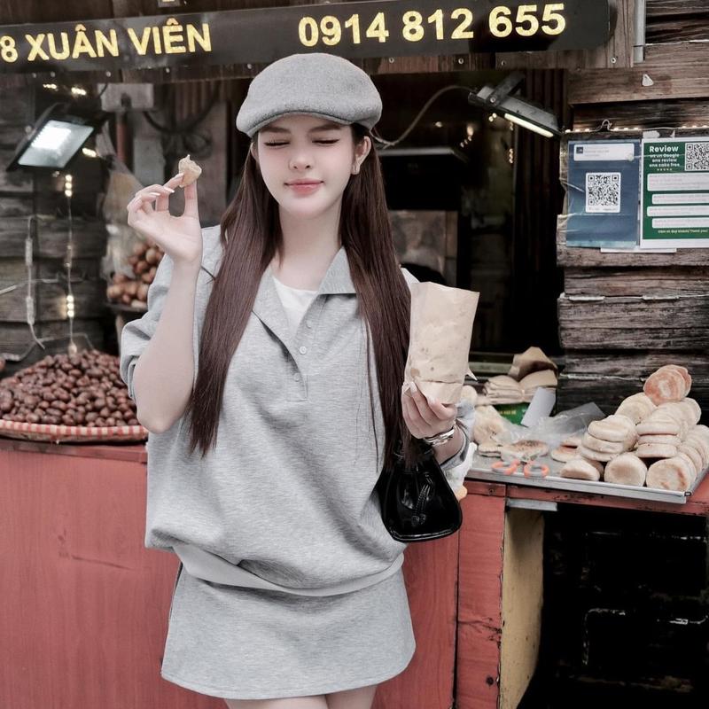 Set Nỉ Xám Cổ Bẻ Form Rộng Mix Chân Váy Xẻ Vạt 2 Bên Mai Phương Bùi siêu xinh Nữ