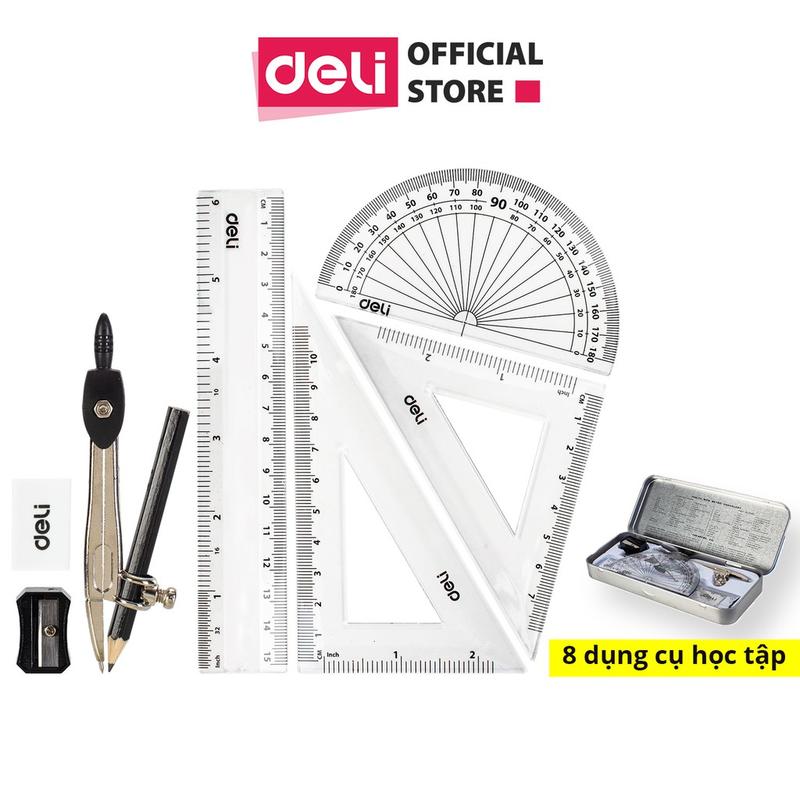 Bộ Compa thước kẻ eke 8 món Deli cho học sinh, hộp bạc cao cấp, tiện lợi