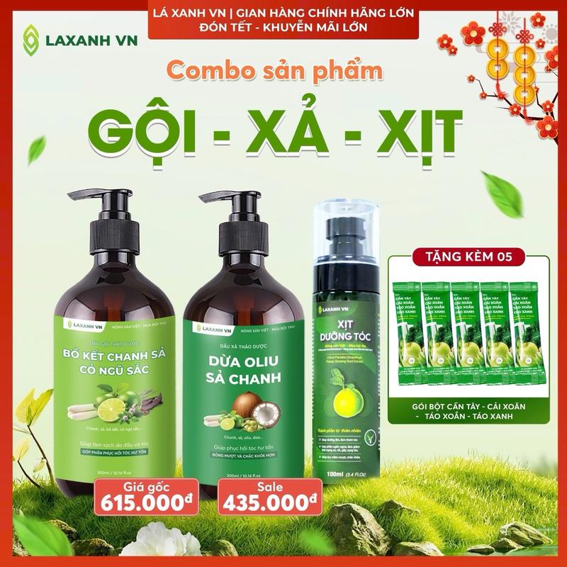 Combo (Dầu gội, Dầu xả, Xịt dưỡng tóc) Lá Xanh Vn + (tặng kèm 05 gói bột rau củ cần tây, mật ong) . Hỗ trợ mọc tóc, giảm gãy rụng, giúp tóc suôn mềm mượt, Lưu hương thơm