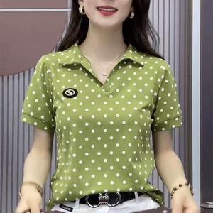 Internet Celebrity Polka dots Polo Shirt for women V-neck T-shirts Short Sleeve Oversized Casual Loose Elegant Green Lapel shirts Lady Korean Style Stand Collar Blouse Trendy