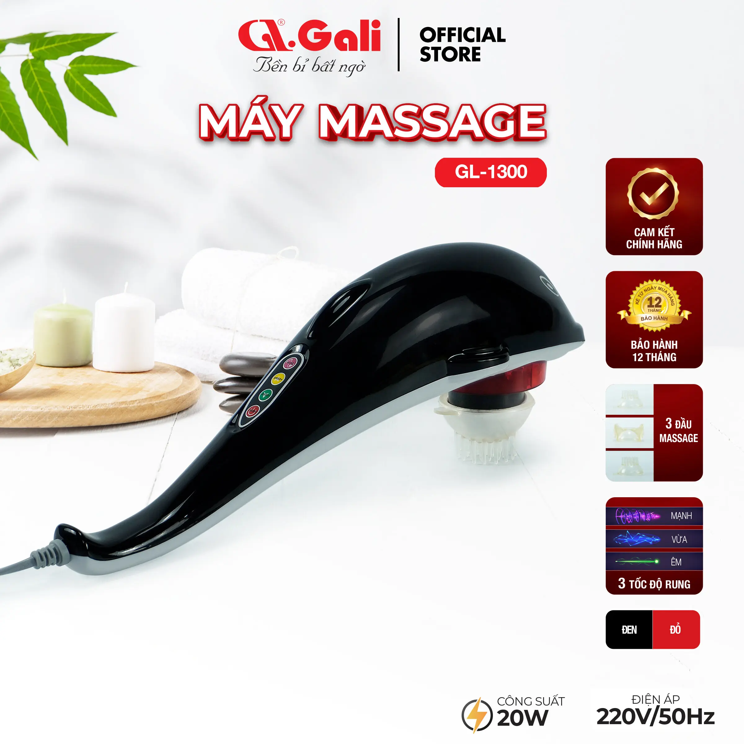 Máy Massage Gali GL-1300, GL-1301, 3 chức năng rung, hàng tặng kèm 3 đầu Massage, chất liệu máy bằng nhựa cao cấp. Hàng nhập khẩu chất lượng cao, bảo hành chính hãng. Máy Mát Xa, Máy Massage Cầm Tay, Máy Massage Toàn Thân vai gáy thiết bị massage