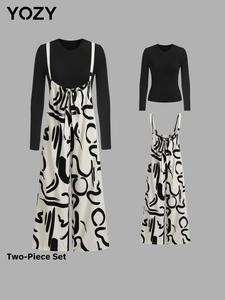 YOZY Two-piece Set Women's Solid Round Neck Tee & All Over Print Jumpsuit, Casual Fashion Cozy Long Sleeve Top & Pocket Knot Wide Leg Overall Jumpsuit for Daily Outdoor Wear, Ladies Clothes for All Seasons