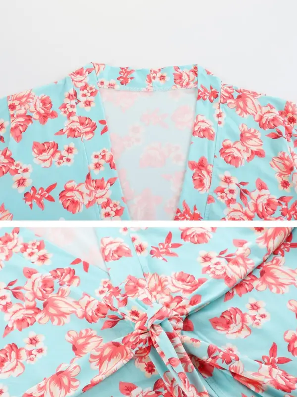 Women's All Over Floral Print Belted Long Sleeve Robe & Lace Trim V Neck Cami Nightdress Two-Piece Set, Casual Comfy Loungewear Set for Women, Women's Sleepwear for All Seasons 7
