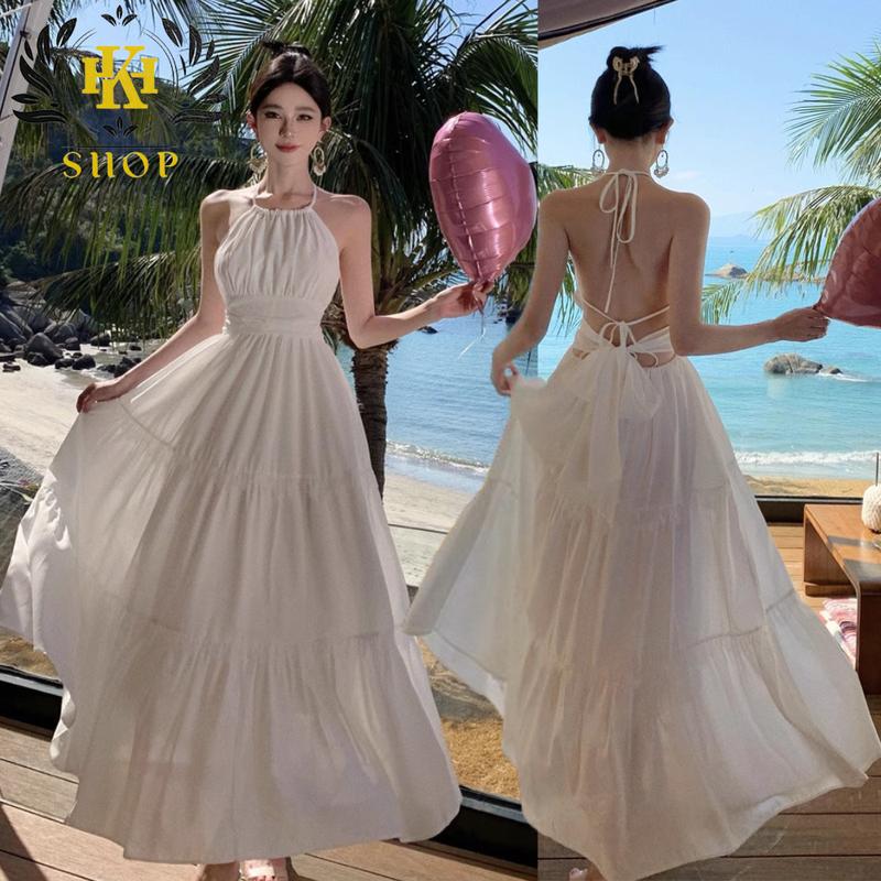 Đầm đi biển - Váy cổ yếm dáng dài 2 Lớp Có Sẵn Mút Chất đũi lụa thoáng mát Thiết kế hở lưng sang chảnh cho hè 2024