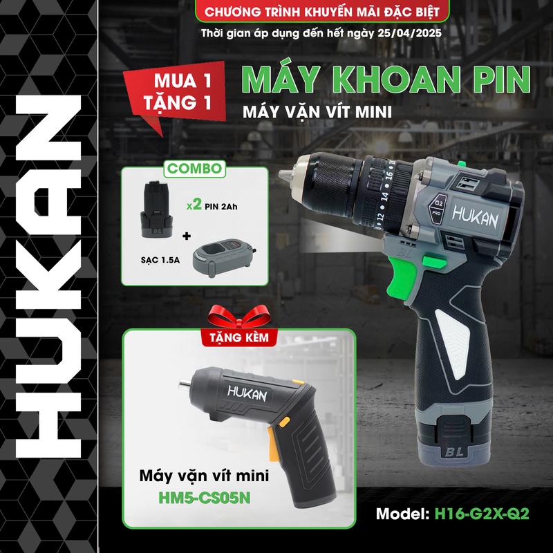 Bộ máy khoan pin 10mm Hukan Gen 2 H16-G2C-Q2 lực siết 55N, 2 pin 16V, sạc 16V, chân pin HM16, bảo hành 12 tháng