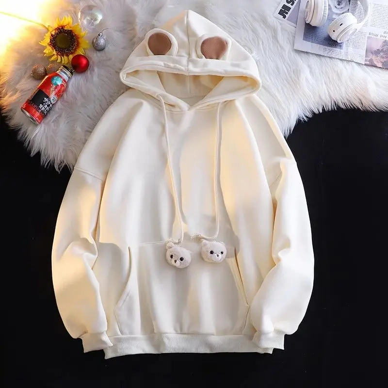 Áo Hoodie Mỏng, Thêu Gấu Và Tai Thỏ Dễ Thương, Dành Cho Nữ, Thích Hợp Cho Mùa Xuân Và Mùa Thu, Ngoại Cỡ, Dáng Rộng Rãi Và Thường Ngày, Áo Khoác 4