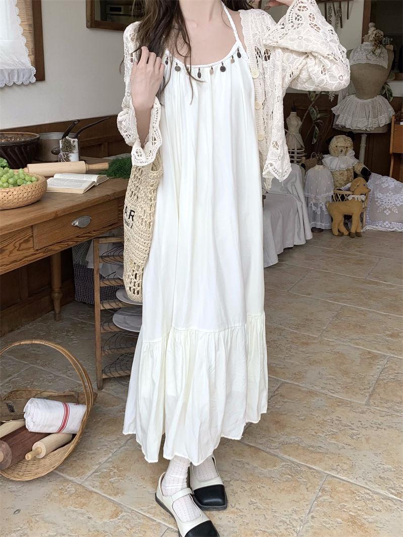 Product Introduction of Simia Hollow Suspender Dress Tassel Long Dress Two-piece Set Sunscreen Cardigan Mori 14