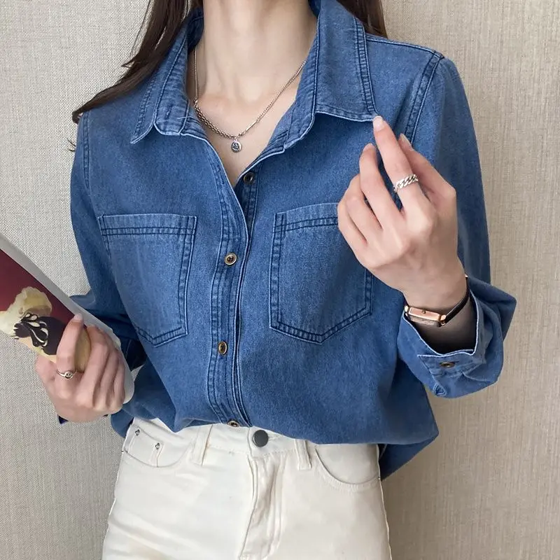 Áo Khoác Denim Cổ Điển Dành Cho Nữ, Dáng Rộng Vừa Vặn, Dài Tay, Dài Trung Bình Áo Sơ Mi Xếp Lớp, Thiết Kế Độc Đáo, Thích Hợp Cho Mùa Xuân Và Mùa Thu, 2172 Lần Mua Lại, 2025
